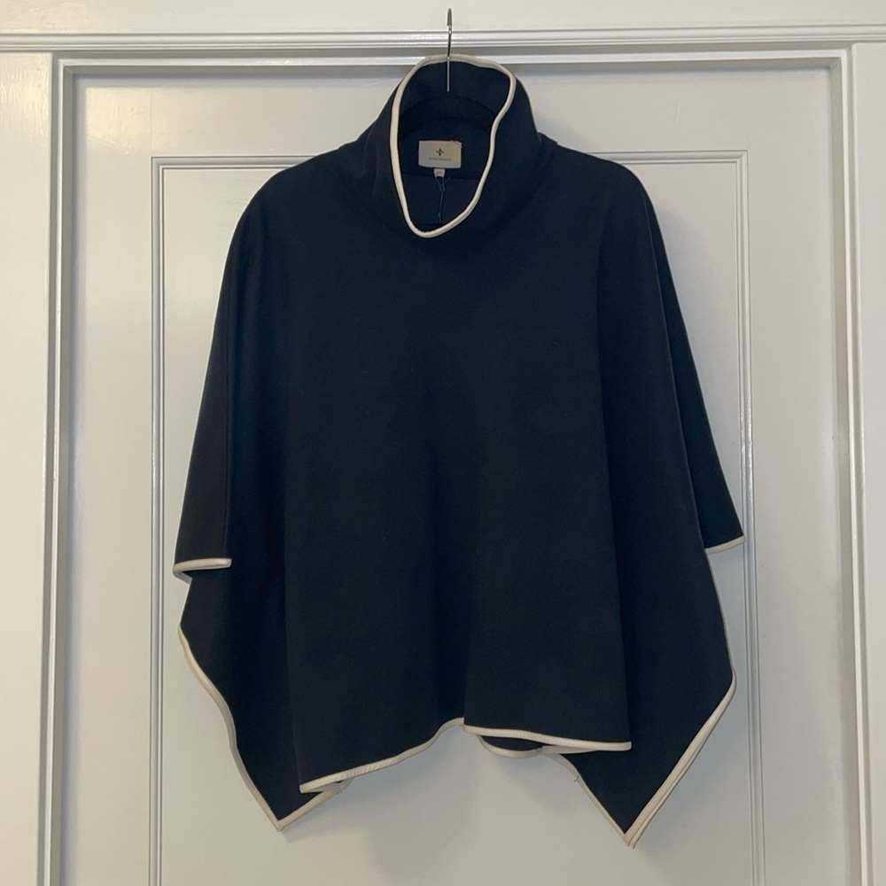 Tuckernuck Women’s Navy Leather Trim Funnel Neck Piper Poncho NWT